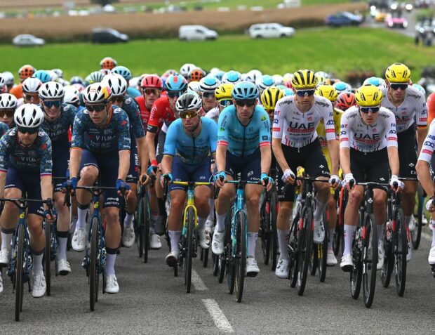 DIJON, FRANCE - JULY 04: (L-R) Bob Jungels of Luxembourg, Matteo Sobrero of Italy, Primoz Roglic of Slovenia, Jan Tratnik of Slovenia, Wout Van Aert of Belgium and Team Visma