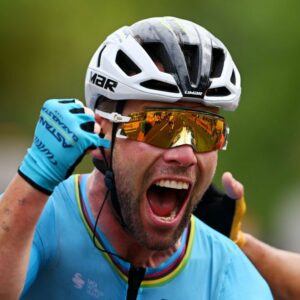 Mark Cavendish celebrates his record-breaking 35th stage victory in stage 5 of the 2024 Tour de France