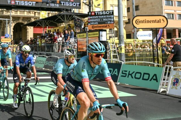 BOLOGNA, ITALY - JUNE 30: (L-R) Cees Bol of Netherlands and Astana Qazaqstan Team, Fernando Gaviria of Colombia and Movistar Team, Mark Cavendish of The United Kingdom, Michael Morkov of Denmark and Astana Qazaqstan Team compete passing through a Bologna city ten minutes late during the 111th Tour de France 2024, Stage 2 a 199.2km stage from Cesenatico to Bologna / #UCIWT / on June 30, 2024 in Bologna, Italy. (Photo by Tim de Waele/Getty Images)