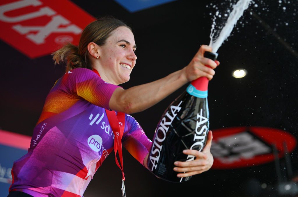 TOANO ITALY JULY 09 Niamh FisherBlack of New Zealand and Team SD Worx Protime celebrates at podium as stage winner during the 35th Giro dItalia Women 2024 Stage 3 a 113km stage from Sabbioneta to Toano 899m UCIWWT on July 09 2024 in Toano Italy Photo by Luc ClaessenGetty Images