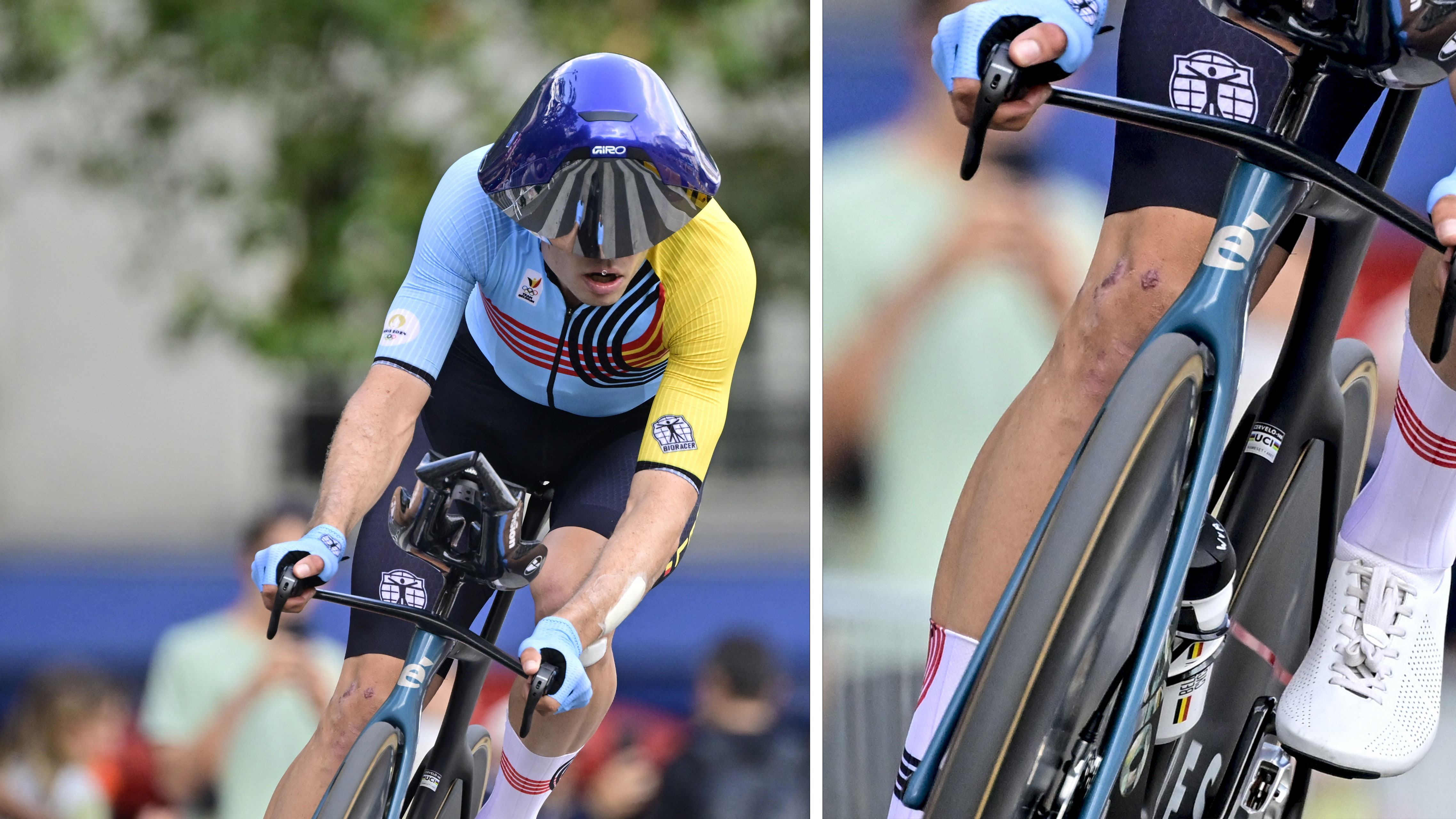 Wout van Aert conduit un vélo de contre-la-montre noir avec une roue avant solide