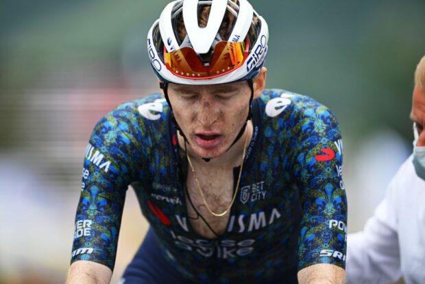 ISOLA 2000 FRANCE JULY 19 Matteo Jorgenson of The United States and Team Visma Lease a Bike crosses the finish line during the 111th Tour de France 2024 Stage 19 a 1446km stage from Embrun to Isola 2000 2022m UCIWT on July 19 2024 in Isola 2000 France Photo by Dario BelingheriGetty Images