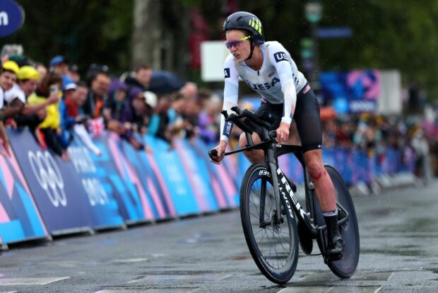 Taylor Knibb after a tough day in the rain at the Olympics time trial