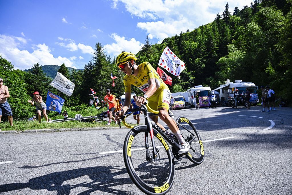 Slovenian Tadej Pogacar of UAE Team Emirates pictured in action during stage 15 of the 2024 Tour de France cycling race, from Loudenvielle to Plateau de Beille, France (107,7 km), on Sunday 14 July 2024. The 111th edition of the Tour de France starts on Saturday 29 June and will finish in Nice, France on 21 July. BELGA PHOTO JASPER JACOBS (Photo by JASPER JACOBS / BELGA MAG / Belga via AFP)