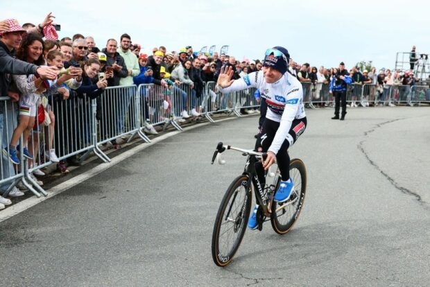 Belgian Remco Evenepoel of Soudal Quick-Step greets the fans after stage 8 of the 2024 Tour de France