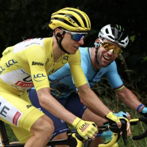 Tadej Pogačar (UAE Team Emirates) and Marck Cavendish (Astana Qazaqstan) at the 2024 Tour de France