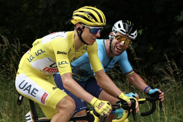 Tadej Pogačar (UAE Team Emirates) and Marck Cavendish (Astana Qazaqstan) at the 2024 Tour de France