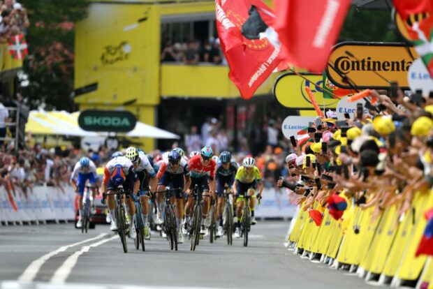 BILBAO SPAIN JULY 01 LR Corbin Strong of New Zealand and Dylan Teuns of Belgium and Team IsraelPremier Tech sprint at finish line during the stage one of the 110th Tour de France 2023 a 182km stage from Bilbao to Bilbao UCIWT on July 01 2023 in Bilbao Spain Photo by David RamosGetty Images