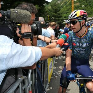 Tour de France stage 6: Wout van Aert talks to reporters before the start