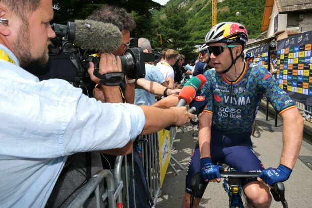 Tour de France stage 6: Wout van Aert talks to reporters before the start