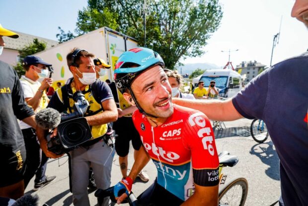 Victor Campenaerts of Lotto Dstny celebrates after winning stage 18 of the 2024 Tour de France