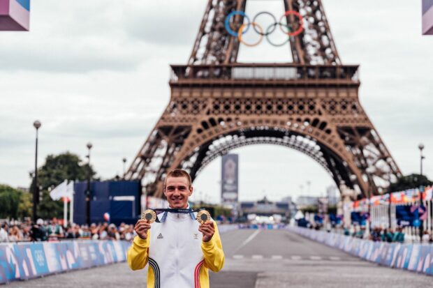 Remco Evenepoel shows off his two Paris Olympic gold medals