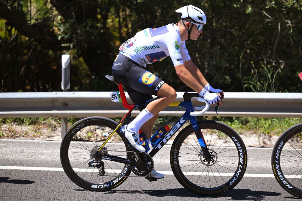 OUREM PORTUGAL AUGUST 18 Mathias Vacek of Czech Republic and Team Lidl Trek White Best Young Rider Jersey competes during the 79th La Vuelta Ciclista a Espana 2024 Stage 2 a 194km stage from Cascais to Ourem UCIWT on August 18 2024 in Ourem Portugal Photo by Tim de WaeleGetty Images