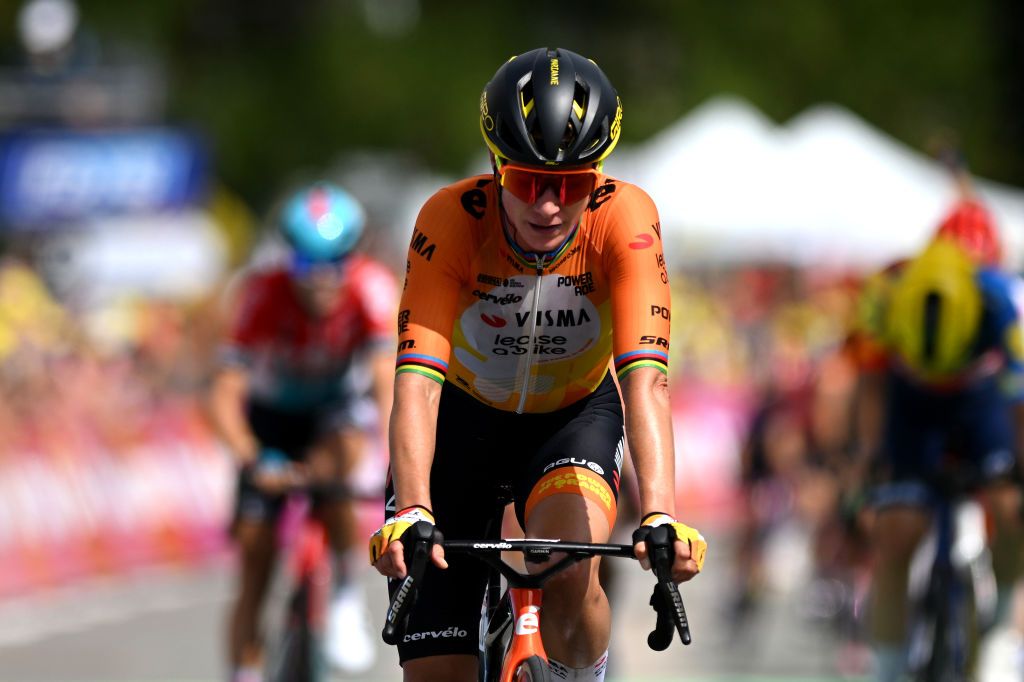 MORTEAU FRANCE AUGUST 16 Marianne Vos of The Netherlands and Team Visma Lease a Bike crosses the finish line during the 3rd Tour de France Femmes 2024 Stage 6 a 1592km stage from Remiremont to Morteau UCIWWT on August 16 2024 in Morteau France Photo by Dario BelingheriGetty Images