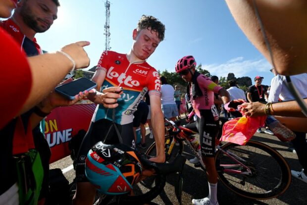 PICO VILLUERCAS SPAIN AUGUST 20 Lennert Van Eetvelt of Belgium and Team Lotto Dstny reacts after the La Vuelta 79th Tour of Spain 2024 Stage 4 a 1705km stage from Plasencia to Pico Villuercas 1544m UCIWT on August 20 2024 in Pico Villuercas Spain Photo by Dario BelingheriGetty Images