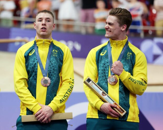 PARIS FRANCE AUGUST 06 Bronze medalist Matthew Richardson and Matthew Glaetzer of Team Australia pose on the podium after the Mens Team Sprint Finals on day eleven of the Olympic Games Paris 2024 at SaintQuentinenYvelines Velodrome on August 06 2024 in Paris France Photo by Tim de WaeleGetty Images