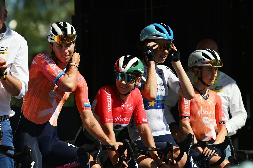 ROTTERDAM NETHERLANDS AUGUST 12 LR Lorena Wiebes of The Netherlands Blanka Vas of Hungary Mischa Bredewold of The Netherlands and Niamh FisherBlack of New Zealand and Team SD Worx Protime prior to the 3rd Tour de France Femmes 2024 Stage 1 a 123km stage from Rotterdam to The Hague UCIWWT on August 12 2024 in Rotterdam Netherlands Photo by Dario BelingheriGetty Images