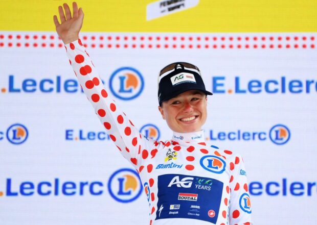 LE GRAND BORNAND FRANCE AUGUST 17 Justine Ghekiere of Belgium and AG Insurance Soudal Team celebrates at podium as Polka dot Mountain Jersey winner during the 3rd Tour de France Femmes 2024 Stage 7 a 1664km stage from Champagnole to Le Grand Bornand 1265m UCIWWT on August 17 2024 in Le Grand Bornand France Photo by Alex BroadwayGetty Images