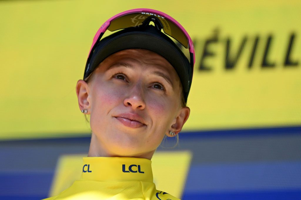 AMNEVILLE FRANCE AUGUST 15 Katarzyna Niewiadoma of Poland and Team CanyonSRAM Racing celebrates at podium as Yellow Lader Jersey winner during the 3rd Tour de France Femmes 2024 Stage 5 a 1522km stage from Bastogne to Amneville UCIWWT on August 15 2024 in Amneville France Photo by Dario BelingheriGetty Images