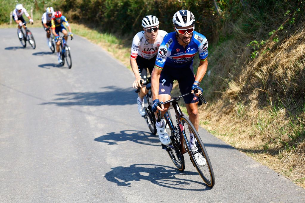 SAN SEBASTIAN SPAIN AUGUST 10 Julian Alaphilippe of France and Team Soudal QuickStep competes during the 44th Donostia San Sebastian Klasikoa 2024 a 236km one day race from San Sebastian to San Sebastian UCIWT on August 10 2024 in San Sebastian Spain Photo by Rafa Gomez PoolGetty Images