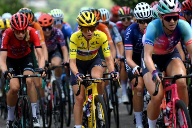 MORTEAU FRANCE AUGUST 16 Katarzyna Niewiadoma of Poland and Team CanyonSRAM Racing Yellow Leader Jersey C competes during the 3rd Tour de France Femmes 2024 Stage 6 a 1592km stage from Remiremont to Morteau UCIWWT on August 16 2024 in Morteau France Photo by Alex BroadwayGetty Images