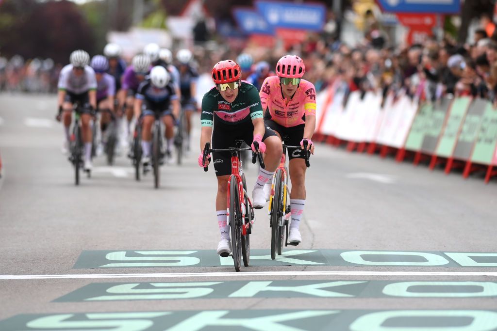 TERUEL SPAIN APRIL 30 LR Alison Jackson of Canada Green Points Jersey and Kristen Faulkner of The United States and Team EF EducationCannondale cross the finish line during the 10th La Vuelta Femenina 2024 Stage 3 a 1303km stage from Lucena del Cid to Teruel UCIWWT on April 30 2024 in Teruel Spain Photo by Alex BroadwayGetty Images