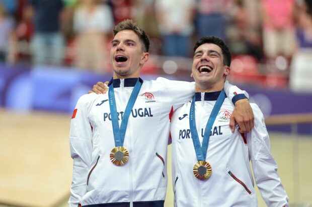 Men’s madison gold medalists Rui Oliveira and lIuri Leitao of Portugal celebrate on podium