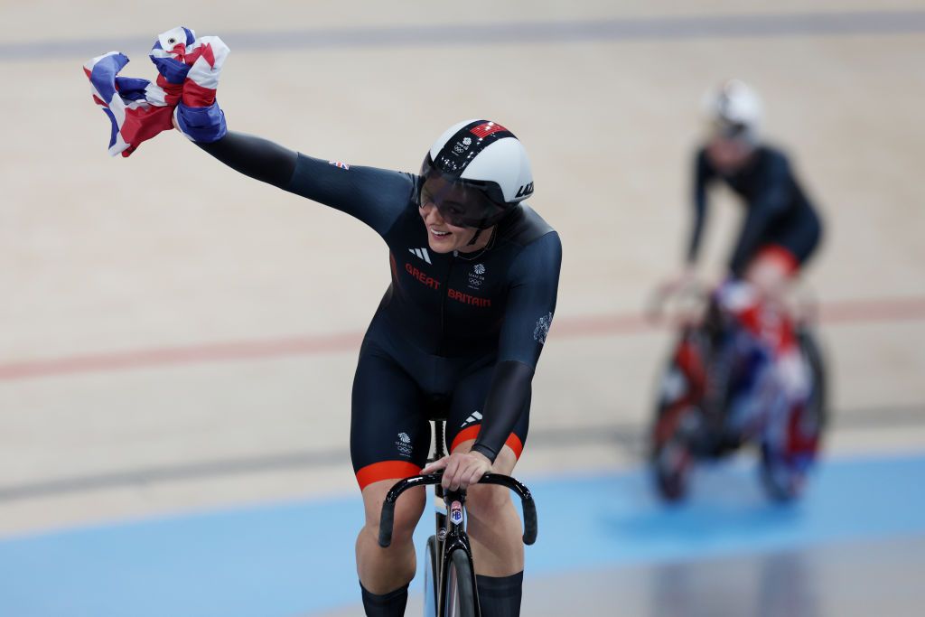 Katy Marchant of Team Great Britain celebrates as Gold medal winner during the Women