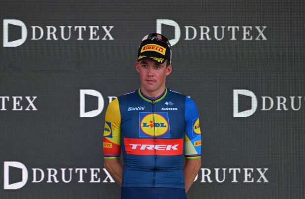 PRUDNIK POLAND AUGUST 15 Mads Pedersen of Denmark and Team LidlTrek on third place poses on the podium ceremony after the 81st Tour de Pologne Stage 4 a 1953km stage from KudowaZdroj to Prudnik UCIWT on August 15 2024 in Prudnik Poland Photo by Luc ClaessenGetty Images