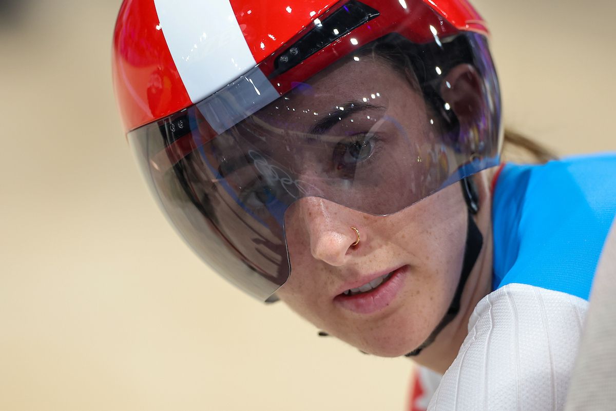 Picture by Alex Whitehead/SWpix.com - 11/08/2024 - Paris 2024 Olympic Games - Track Cycling - National Velodrome, Saint-Quentin-en-Yvelines, France - Womenâs Omnium, Scratch Race 1/4 - Maggie Coles-Lyster (Canada)