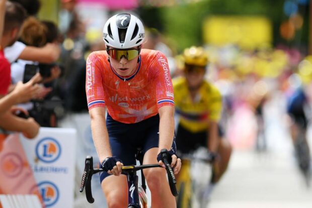 LE GRAND BORNAND FRANCE AUGUST 17 Demi Vollering of The Netherlands and Team SD Worx Protime crosses the finish line during the 3rd Tour de France Femmes 2024 Stage 7 a 1664km stage from Champagnole to Le Grand Bornand 1265m UCIWWT on August 17 2024 in Le Grand Bornand France Photo by Alex BroadwayGetty Images