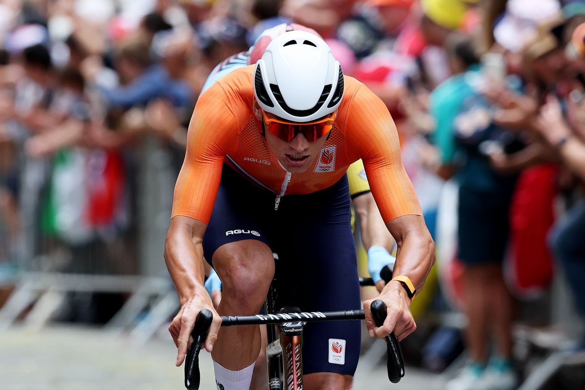 PARIS, FRANCE - AUGUST 03: Mathieu Van Der Poel of Team Netherlands attacks in the chase group during the Men