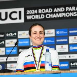 Picture by Ed Sykes/SWpix.com - 22/09/2024 - 2024 UCI Road and Para-cycling Road World Championships, Zurich, Switzerland - Womenâs Elite Individual Time Trial (ITT) Press Conference - Grace Brown (Australia) on the podium receiving the Gold Medal and becoming World Champions