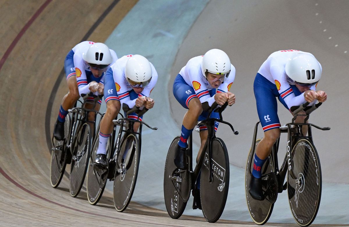 The Great Britain men's team pursuit squad in action on the track