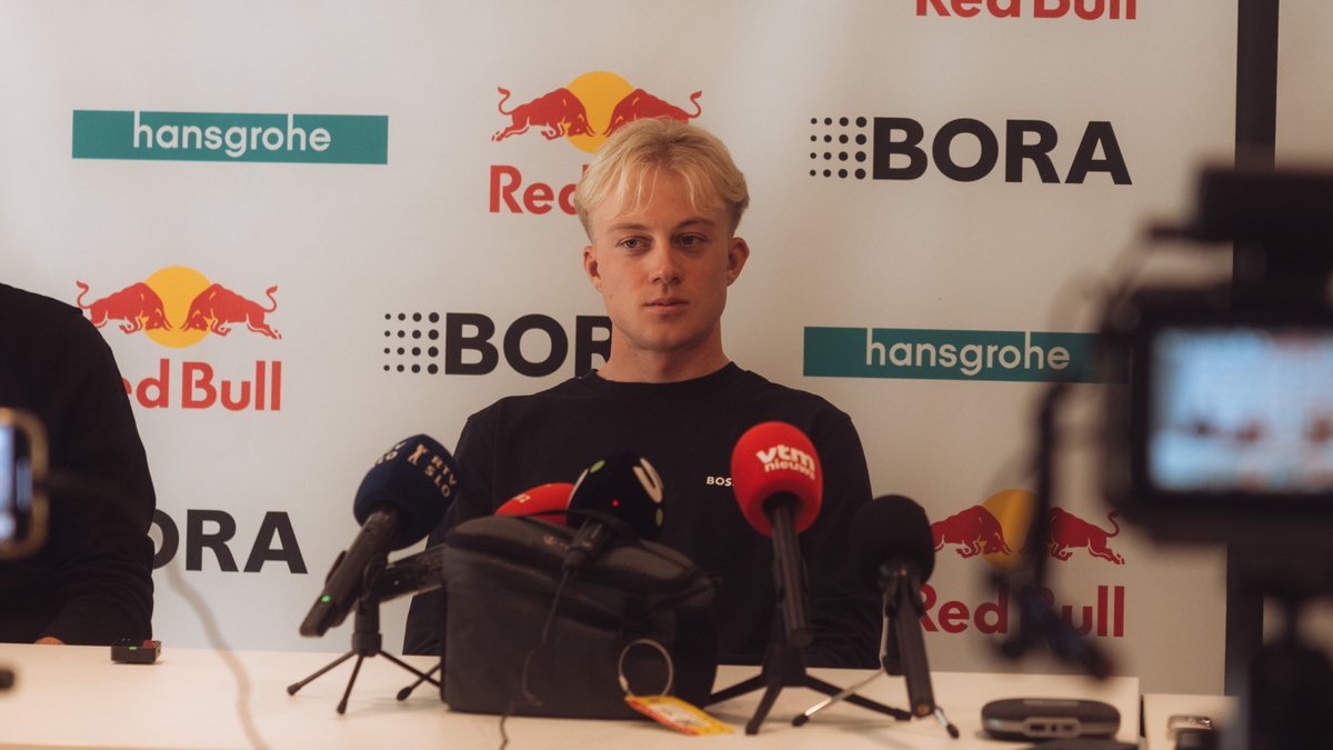 Van Gils speaks at the Red Bull-Bora-Hansgrohe media day in Mallorca