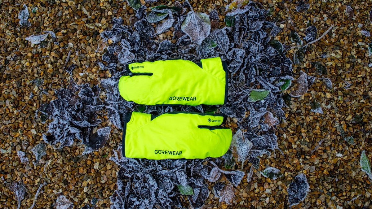 A pair of Gore Wear Trigger gloves on some frosted leaves