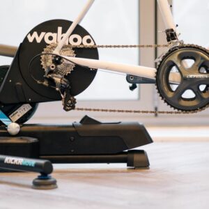 A close up of a wahoo kickr move indoor trainer