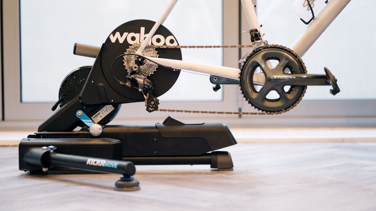 A close up of a wahoo kickr move indoor trainer