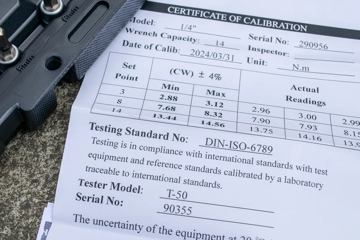 Un certificat d'étalonnage à clé à couple de partie m